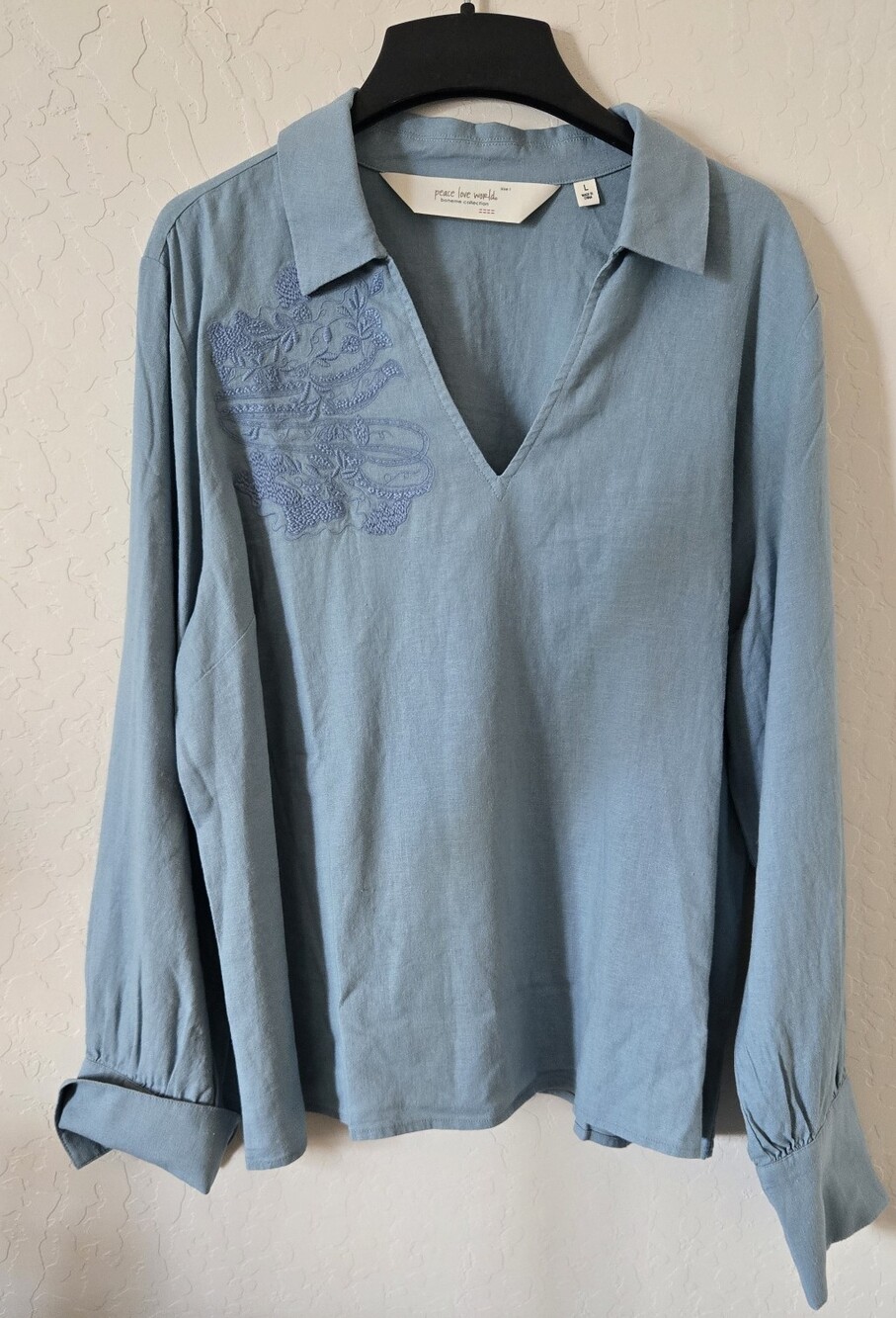 Peace Love World Dusty Blue V-Neck Embroidered Tunic